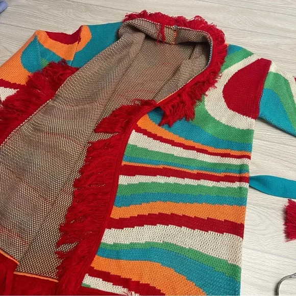 Dee Elly Print Red Fringe Long Open Cardigan Women’s size Small - Picture 9 of 14